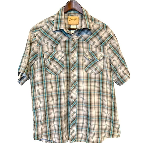 Wrangler Western Fashion Snap Front Shirt Large Short Sleeve Black & Blue Plaid - Picture 8 of 8